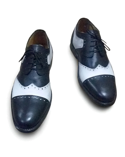 Crafted Leather Men Black White Leather Wingtip Lace up Oxford Dress Shoes