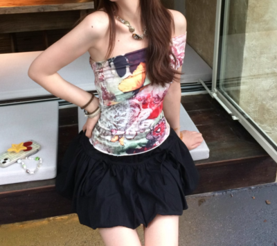 Butterfly tie-dye print one-shoulder asymmetrical tube top