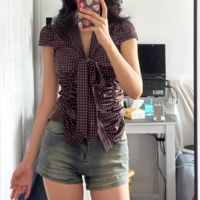 V-neck tie pleated slim shoulder T-shirt polka dot short-sleeved top - Thumbnail 1