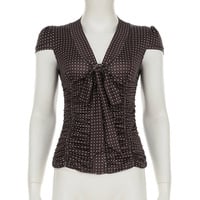 V-neck tie pleated slim shoulder T-shirt polka dot short-sleeved top - Thumbnail 4