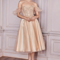 Elegant French Puff Sleeve Cocktail Evening Dress - Thumbnail 2