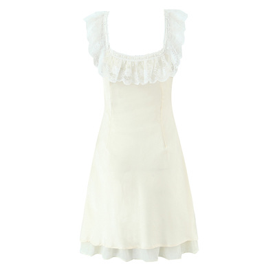 Square neck collarbone exposed ruffled lace patchwork waist dress