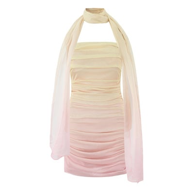 Gradient Pleated Tube Dress with Scarf Draped Neck Halter Dress