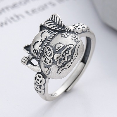 S925 sterling silver vintage distressed matte craft lucky cat ring