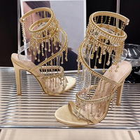 Golden Crystal Rhinestone Women's Sandals Fashion String Bead Nightclub  - Thumbnail 3