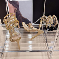 Golden Crystal Rhinestone Women's Sandals Fashion String Bead Nightclub  - Thumbnail 5
