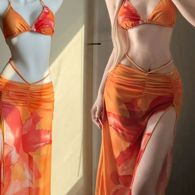 Orange floral print women's tropical paradise 3-piece swimsuit set with sarong coverup - Thumbnail 1