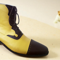 Crafted Leather Classic Handmade Yellow Dark Brown Leather Ankle High Lace up Dress Boot - Thumbnail 3