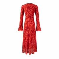 Retro Rose Print Elegant Slim-Fit Bell Sleeve Dress - Thumbnail 1
