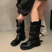 Retro thick-heeled mid-high boots western cowboy knight boots - Thumbnail 4