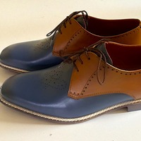 Crafted Leather Classic Men Blue Brown Leather Oxford Lace up Dress Shoes - Thumbnail 2