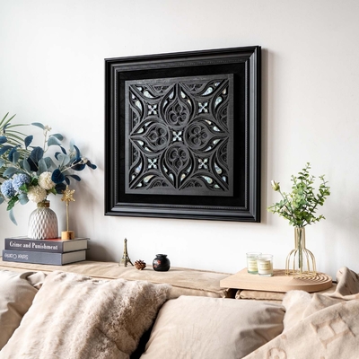 Stereowood aurora rose wall art - hand carved mother of pearl in black frame, geometric home decor, wedding anniversary gift, wall sculpture