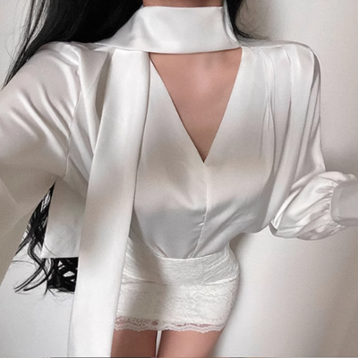 High-grade satin sweet shirt bow white loose versatile commuter top