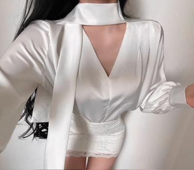 High-grade satin sweet shirt bow white loose versatile commuter top