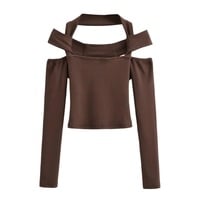 Sexy one-shoulder bottoming shirt for women in autumn new solid color tight T-shirt - Thumbnail 5