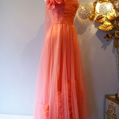 Vintage coral a line prom dress evening formal gown birthday party gown