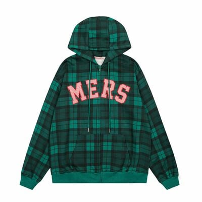 American retro plaid hooded long-sleeved cardigan sweatshirt