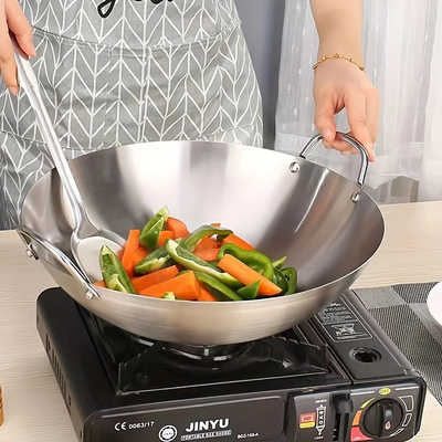 1pc Large Stainless Steel Wok, Uncoated Thick High-Quality