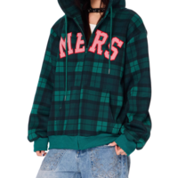 American retro plaid hooded long-sleeved cardigan sweatshirt - Thumbnail 7