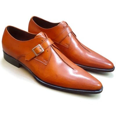 Crafted leather classic men brown leather pointed toe monk strap dress shoes