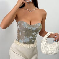 Jacquard contrast color sheer lace bra fishbone waist slimming top - Thumbnail 2