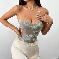 Jacquard contrast color sheer lace bra fishbone waist slimming top - Thumbnail 3
