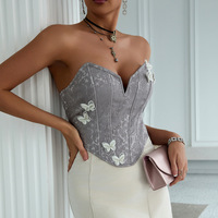 Sexy deep V low-cut lace-up three-dimensional butterfly flower backless fishbone tube top vest - Thumbnail 2