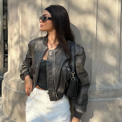 Women’s vintage washed leather jacket - Thumbnail 1