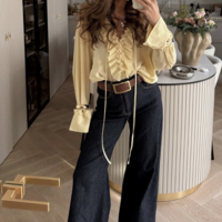 Pleated lace collar top palace style solid color long sleeve chiffon shirt - Thumbnail 1