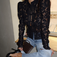 Commuter lace crochet stand collar slim fit shirt - Thumbnail 1