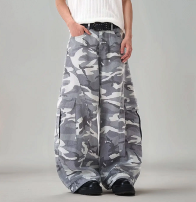 GRAY CAMO CURVED CARGO PANTS