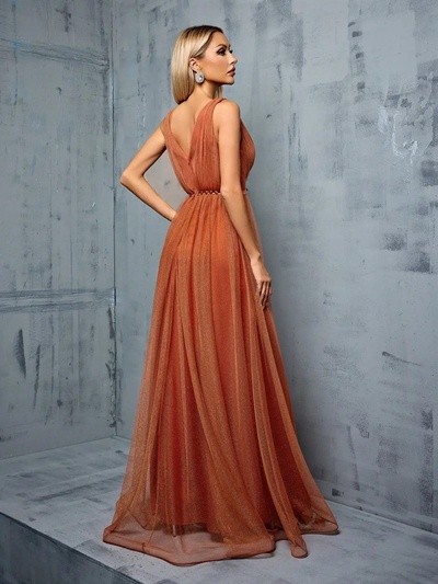 V-neck vest Metal mesh retraction splice sequin webbing long skirt Evening gown