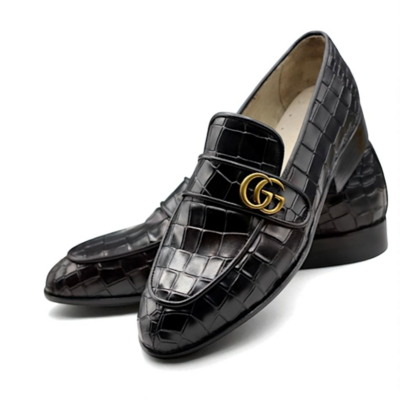 Crafted leather classic black crocodile/alligator leather loafers dress shoes