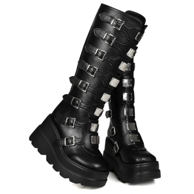 Goth metal buckle black platform boots for women