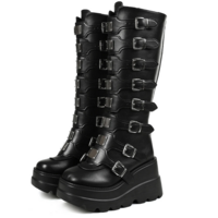 Goth Metal Buckle Black Platform Boots for Women - Thumbnail 2