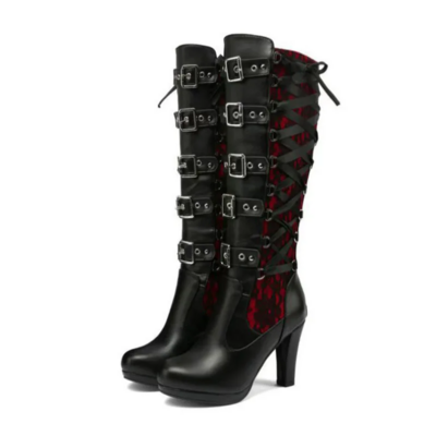 Lace up Rivets Belt Buckle High Heel Mid-Calf Boots for Women