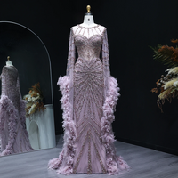  Beaded Mermaid Evening Dress with Feather Cape Sleeves  - Thumbnail 3