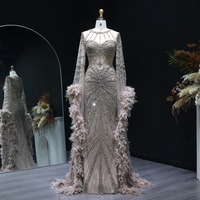  Beaded Mermaid Evening Dress with Feather Cape Sleeves  - Thumbnail 5
