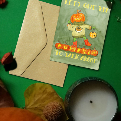Halloween card with frog and jack-o'-lantern