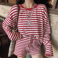 Sports striped suit round neck long sleeve loose mid-length long sleeve T-shirt + high waist shorts - Thumbnail 3