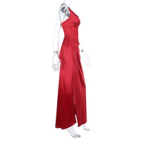 Satin V-neck waist slit dress with open back - Thumbnail 1