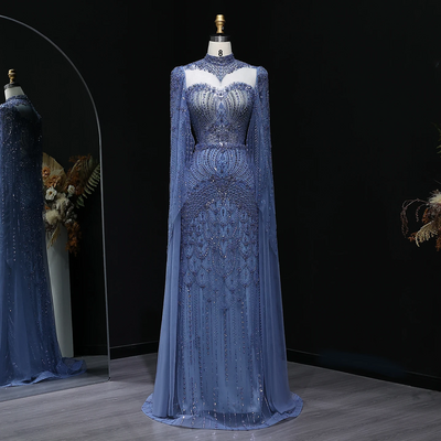 Elegant blue beaded evening dress with cape sleeves high neck gown
