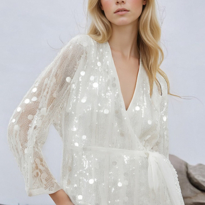 Fashionable and versatile sequined kimono-style sequined v-neck shirt top