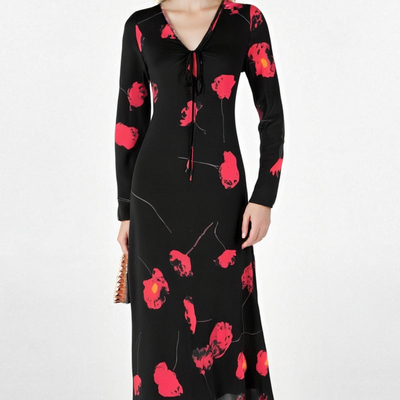 Retro black floral high-end bias-cut long-sleeved v-neck waist dress