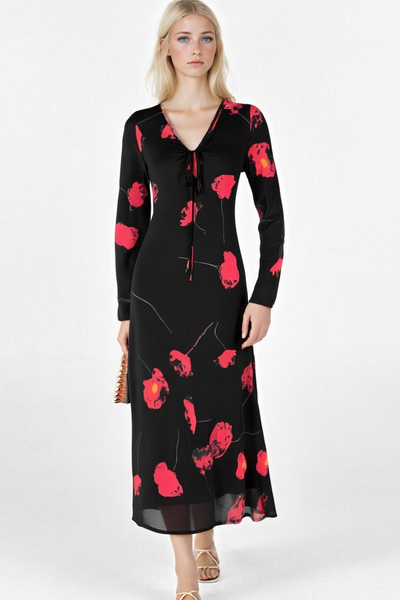 Retro black floral high-end bias-cut long-sleeved V-neck waist dress