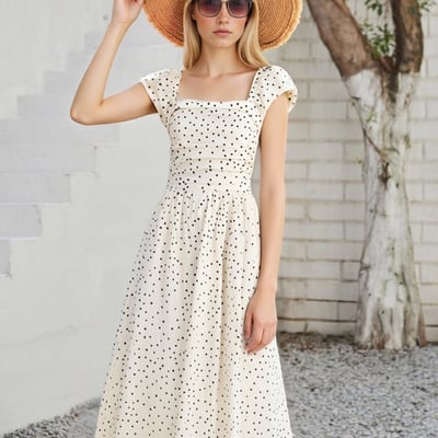 Square-neck polka-dot slip dress with small flying sleeves