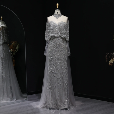 Gorgerous beaded grey arabic evening dress with shawl /cape