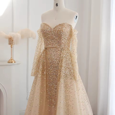 Luxury Dubai Gold Mermaid Evening Dress with Detachable Overskirt Off Shoulder