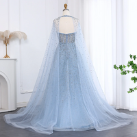 Sparkly Crystal Turquoise Luxury Dubai Evening Dress with Hooded Cape - Thumbnail 6