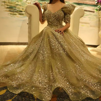 Glitter Lime Green Luxury Dubai Evening Dress for Women - Thumbnail 2